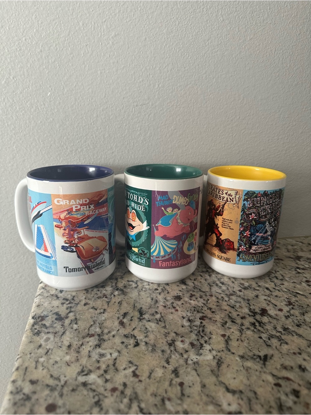 Disney Park Attraction Mugs - Blue, Green & Yellow Rim Set
